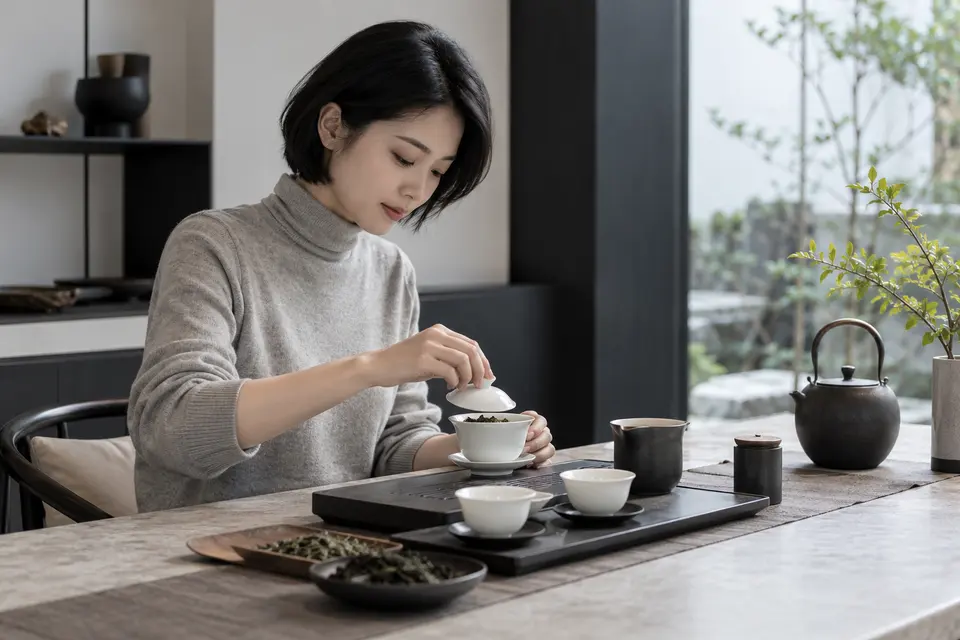 现代黑白调茶空间示意，盖碗与简洁陈设